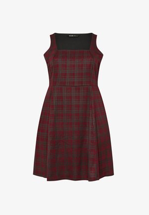 Rotes und graues karriertes Kleid mit tailliertem Oberteil und schwingendem Rock. Merkmale ein quadratisches Dekolleté und Schulterträger, hergestellt aus strukturiertem Stoff.
