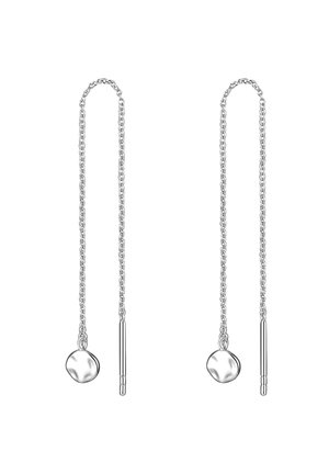 Zilveren oorbellen met een lang kettingontwerp, voorzien van een gladde, ronde hanger en een rechte staafaccent. Strakke, minimalistische structuur.