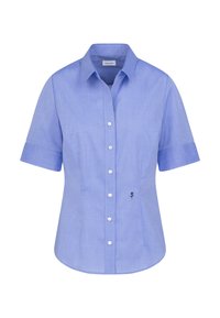 Ljusblå kortärmad skjorta med knappar, gjord av vävt tyg, med synliga blomsterbroderi detaljer och vita knappar fram.