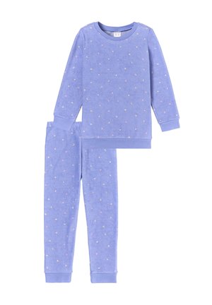 Purple pajamas set made of soft fabric, featuring a crew neck top and matching pants, decorated with small moon and star patterns.