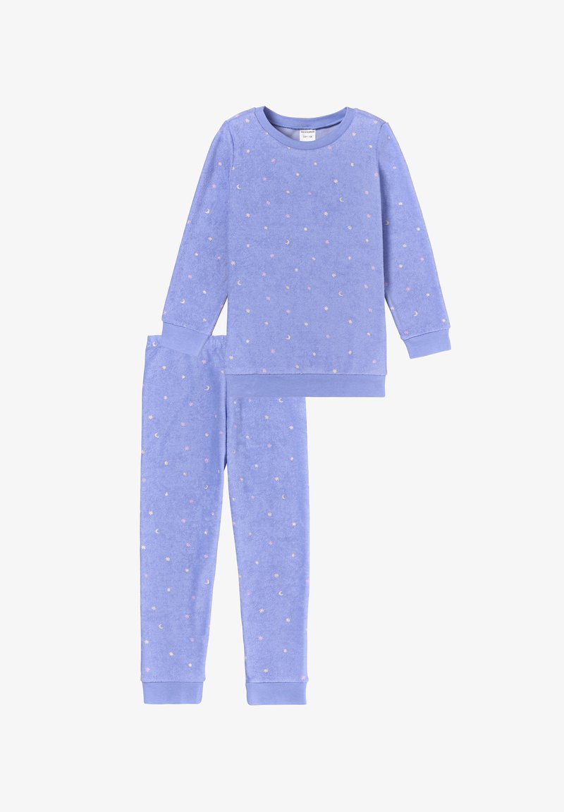 Purple pajamas set made of soft fabric, featuring a crew neck top and matching pants, decorated with small moon and star patterns.