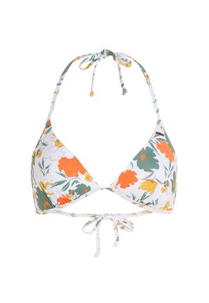 Bikini top s trojuholníkovými pohárikmi, biele pozadie zdobené oranžovými a žltými kvetinovými vzormi, viazanie na krku a chrbte, bezšvové okraje.