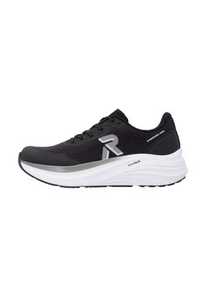 Black and white athletic running shoe with thick white sole, mesh upper, laces, and brand logo on the side.