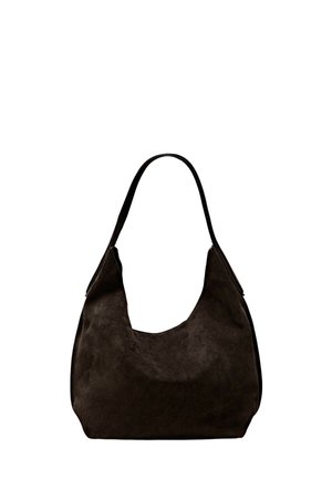 Soft black suede shoulder bag with a single wide strap and a rounded, slightly slouchy shape.