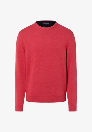 Roter gestrickter Pullover mit Rundhalsausschnitt, langen Ärmeln und geripptem Saum. Weiche Textur und gleichmäßige Farbe ohne sichtbare Muster oder Akzente.