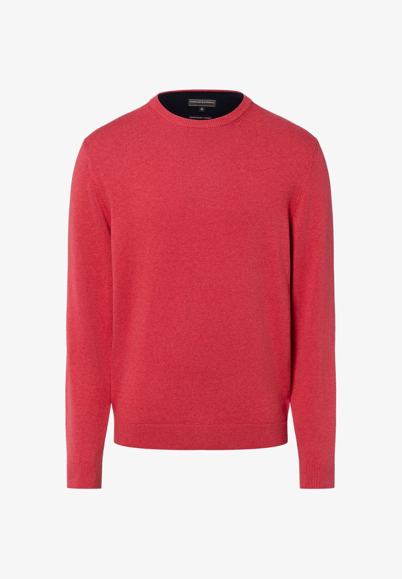 Rode gebreide trui met een ronde hals, lange mouwen en geribbelde zoom. Zachte textuur en egale kleur zonder zichtbare patronen of accenten.