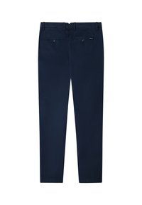 Pantalon bleu marine foncé à jambes droites avec passants pour ceinture et deux poches arrière boutonnées, vu de dos.