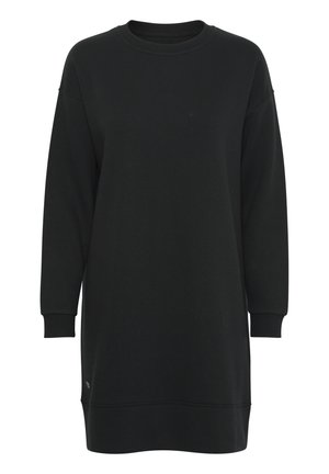 Schwarzes Sweatkleid aus weichem Material, mit rundem Ausschnitt, langen Ärmeln und gerippten Bündchen sowie Saum. Einfaches Design, ohne Muster oder Akzente.