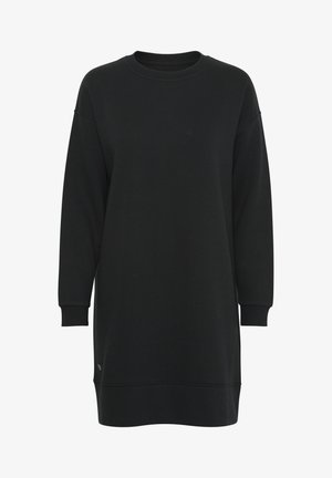 Black sweatshirt dress made of soft fabric, featuring a round neckline, long sleeves, and ribbed cuffs and hem. Simple design, no patterns or accents.