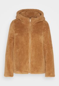 Tan fleece zip-up jacka med huva, som har en mjuk och fluffig textur samt en frontdragkedja. Inga synliga mönster eller hårdvarudetaljer.