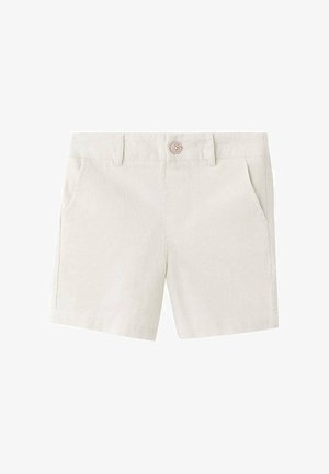 Light beige shorts made from a textured fabric, featuring two front pockets and a front button closure. Tailored, straight leg design.