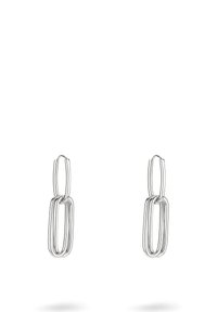 Zilveren metalen oorbellen met een paperclipontwerp, bestaande uit met elkaar verbonden, elongated lussen met een gepolijste afwerking.