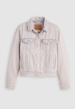 Jachetă din denim lavabil deschis la culoare, cu închidere cu nasturi în față, două buzunare tip clapetă la piept, buzunare laterale și guler, așezată plat pe un fundal gri.