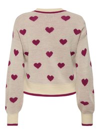 Beiger gestrickter Pullover mit langen Ärmeln, mit einem Muster aus gleichmäßig angeordneten dunkelrosa Herzen und passendem Besatz an Bündchen und Saum.