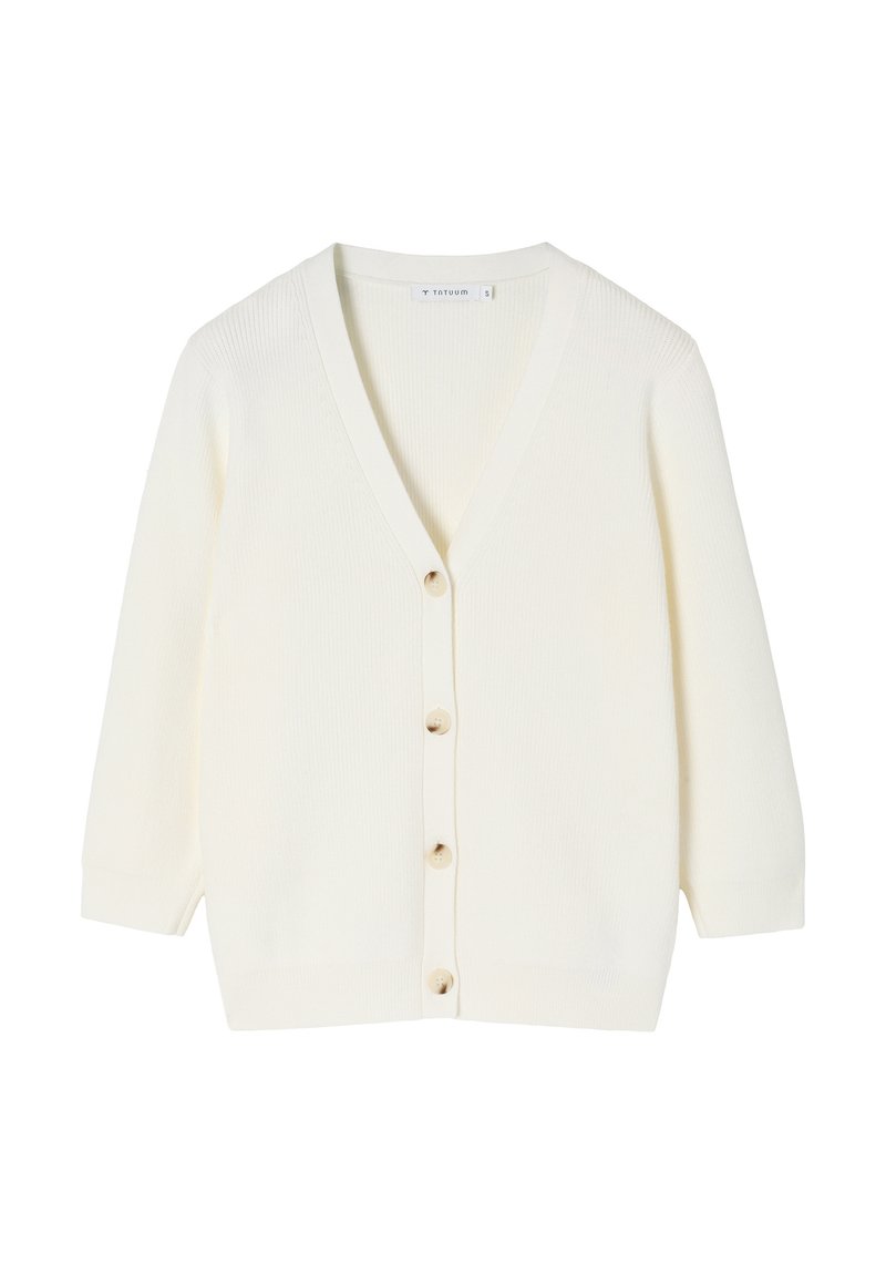 Kremowy kardigan z prążkowanej tkaniny, z dekoltem w serek, siedmioma guzikami z przodu i rękawami o długości trzech ćwiartek. Miękka tekstura i luźny krój.