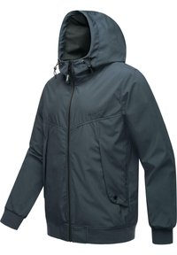 Marineblauwe hoodie-jas met een rits aan de voorkant, elastische manchetten en zoom, met een gladde stof en voorzakken met drukknoopsluitingen.