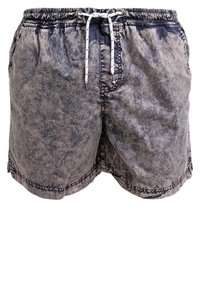 Shorts de bain pour hommes en bleu clair délavé avec des accents bleu foncé. Taille élastique avec cordon de serrage, poches latérales et texture douce.