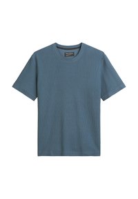 Blauw T-shirt met korte mouwen van textuurstof, met een ronde halslijn en een subtiel geweven patroon door de hele stof.