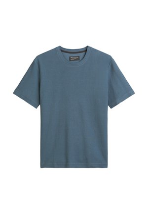 Blue short-sleeve T-shirt made of textured fabric, featuring a round neckline and a subtly woven pattern throughout.