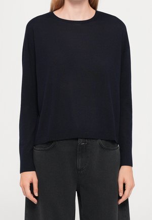 Vrouw die een zwart sweater met lange mouwen en een ronde hals draagt, en donkergrijze hoogwaterjeans, staand tegen een effen achtergrond.