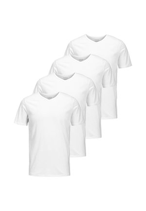 Vier witte katoenen T-shirts met korte mouwen en een V-hals ontwerp. Gladde textuur, standaard pasvorm, zonder patronen of versieringen.