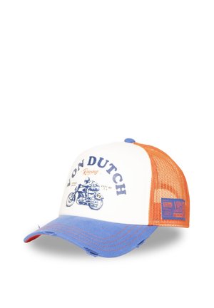 Casquette trucker en mesh blanc et orange avec une visière bleue, avec un graphisme de moto bleu et le texte "Von Dutch Racing" sur le panneau avant.