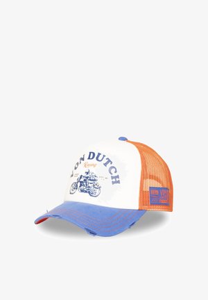Casquette trucker en mesh blanc et orange avec une visière bleue, avec un graphisme de moto bleu et le texte "Von Dutch Racing" sur le panneau avant.