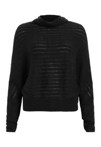 Pull en maille noir à manches longues, coupe ample et texture subtile à rayures horizontales, avec un col rond haut et des poignets côtelés.