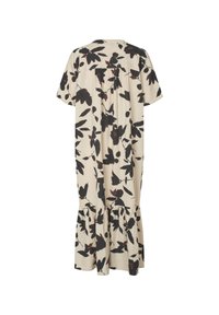 Beige Kleid mit floralem Druck und schwarzen sowie dunkelroten Blättern. Kurze Ärmel, lockerer Schnitt und ein ausgestellter Saum mit Rüschendetail.