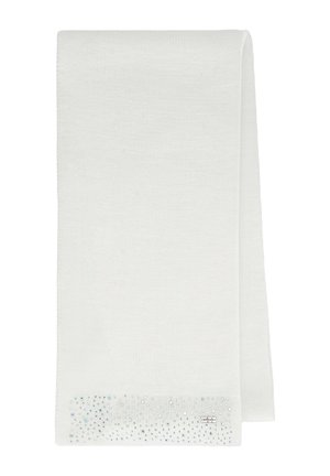 Écharpe blanche en tricot présentant un dégradé de petits cristaux bleus à une extrémité. Texture lisse et forme rectangulaire, avec un design minimaliste.