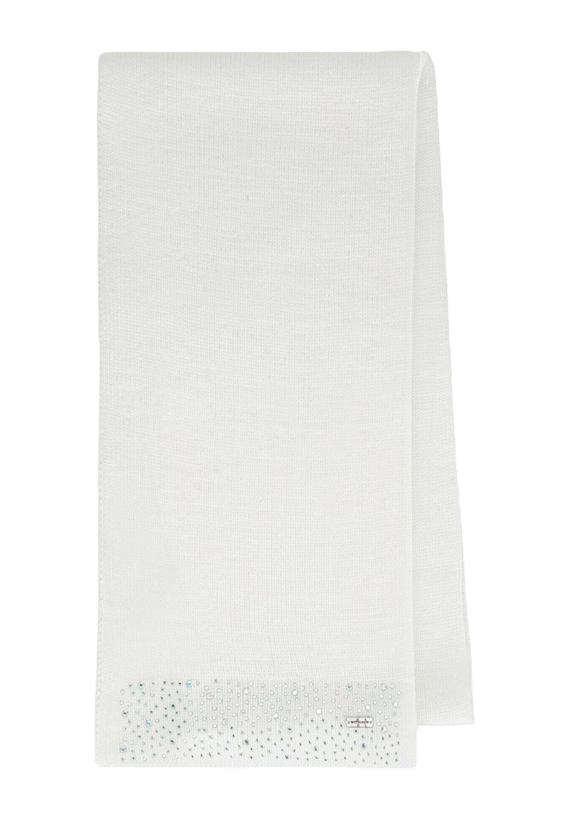 Écharpe blanche en tricot présentant un dégradé de petits cristaux bleus à une extrémité. Texture lisse et forme rectangulaire, avec un design minimaliste.