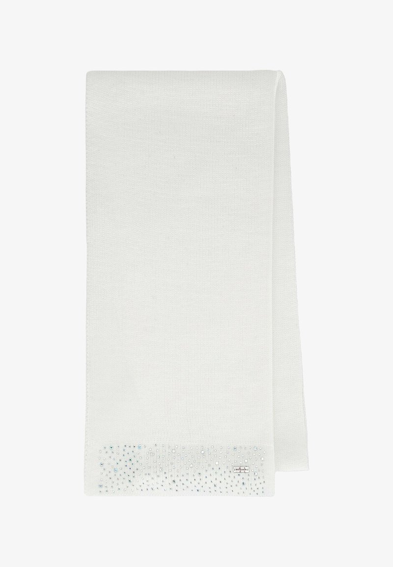 Écharpe blanche en tricot présentant un dégradé de petits cristaux bleus à une extrémité. Texture lisse et forme rectangulaire, avec un design minimaliste.