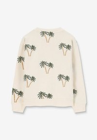 Sweatshirt crème avec des palmiers verts brodés et des troncs bruns, présentant une coupe décontractée et un ourlet et des poignets à côtes.