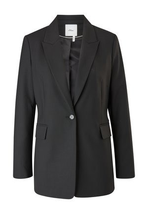 Zwarte blazer van gladde stof, met een notch-kraag, enkele knopen sluiting, twee voorkruiszakken en een getailleerde pasvorm.
