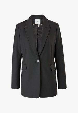 Blazer nero in tessuto liscio, con rever a punta, chiusura a un bottone, due tasche frontali e una vestibilità sagomata.
