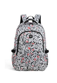 Zaino grigio e bianco con motivo, caratterizzato da strisce nere e accenti rossi, con spallacci imbottiti, numerosi scomparti e un tessuto resistente.