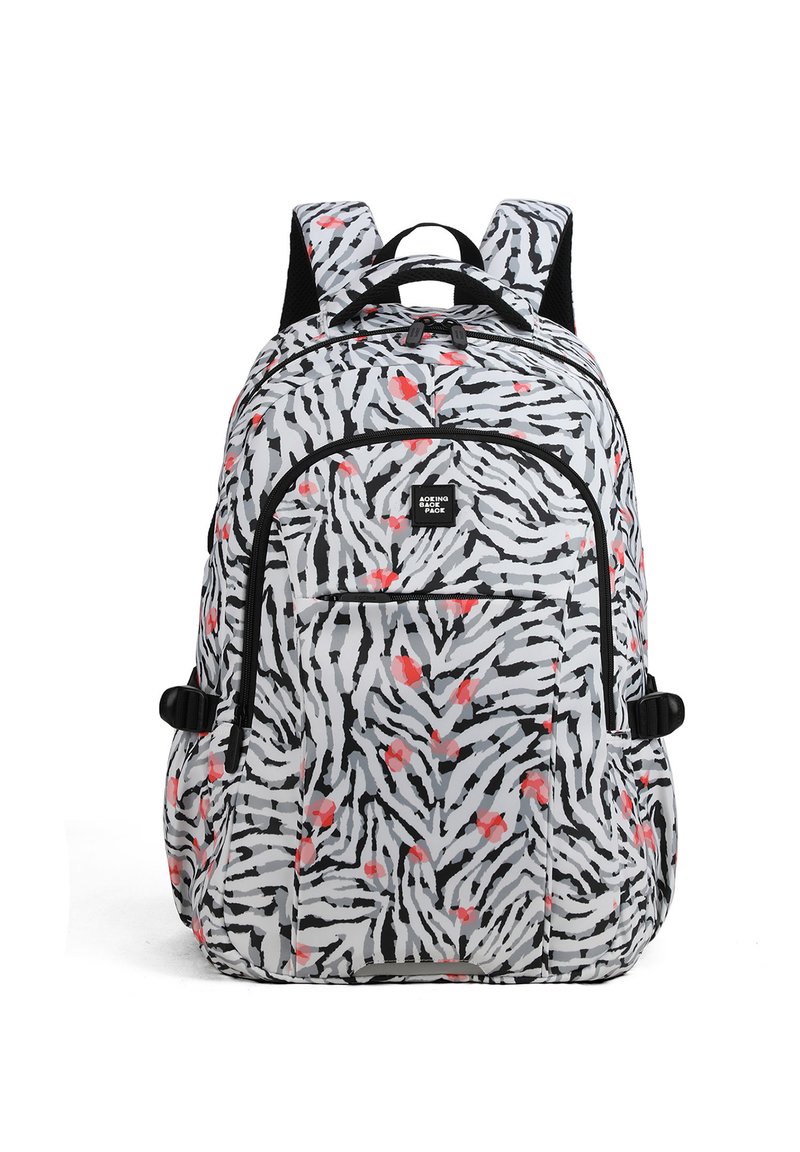 Zaino grigio e bianco con motivo, caratterizzato da strisce nere e accenti rossi, con spallacci imbottiti, numerosi scomparti e un tessuto resistente.