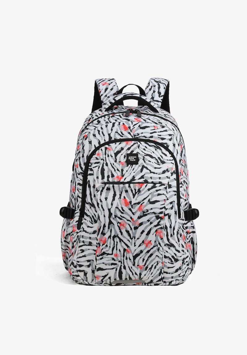 Zaino grigio e bianco con motivo, caratterizzato da strisce nere e accenti rossi, con spallacci imbottiti, numerosi scomparti e un tessuto resistente.