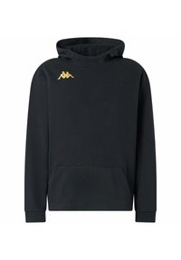 Felpa nera con cappuccio realizzata in tessuto morbido, dotata di una tasca a marsupio frontale, polsini a righe e un logo dorato sul lato sinistro del petto.