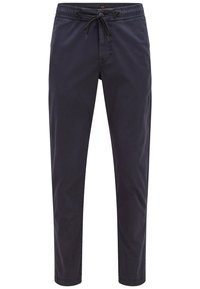 Marinblåa avslappnade byxor i bomull, med dragsko i midjan, slim fit och elastiska mudd. Slät yta utan synliga mönster.