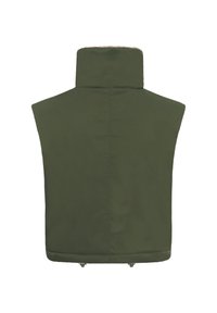Veste sans manches vert olive avec col montant vue de dos, avec des coutures minimales et des cordons ajustables à l’ourlet.