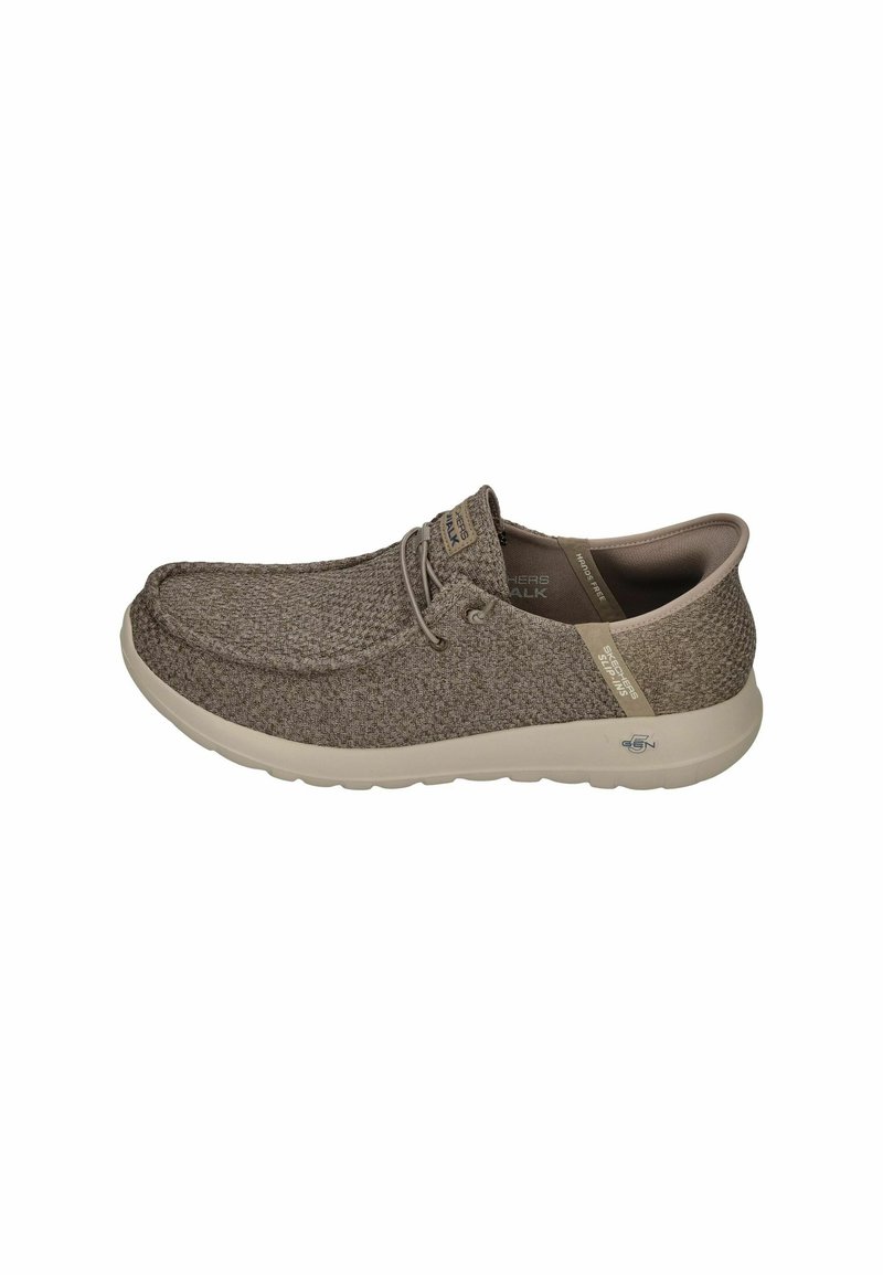 Gray woven fabric shoe with a rounded toe, elastic laces, and a light beige sole. Features a subtle logo and textured accents.
