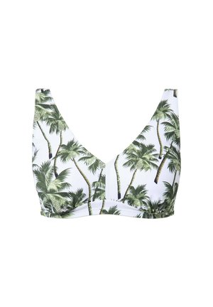Weißes Bikini-Oberteil mit grünem Palmblattmuster. Hat einen V-Ausschnitt, breite Träger und ein gerafftes Detail am unteren Teil. Das Material ist glatt und dehnbar.