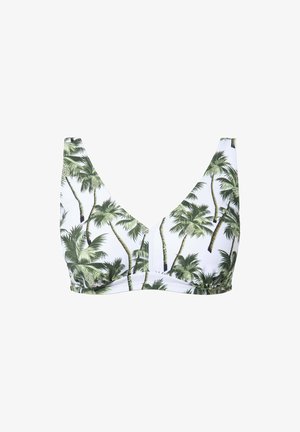 Bílý bikiny top s návrhem zelených palmových listů. Obsahuje výstřih do V, silné ramínka a na spodní části nařasený detail. Materiál je hladký, pružný.