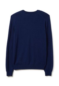 Maglione a maglia blu navy con maniche lunghe, collo a giro e polsini a coste. Texture morbida e finitura liscia con una forma aderente.