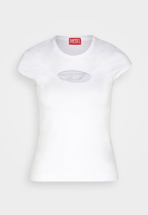 White fitted T-shirt made of cotton, featuring a round neckline and short sleeves, with a light blue embroidered logo on the front.