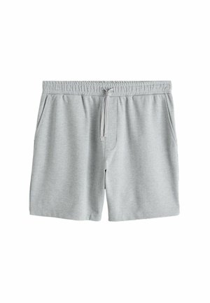 Pantaloncini casual grigio chiaro con elastico in vita, coulisse regolabile, tasche laterali e una sottile trama a chevron, posati su uno sfondo bianco.