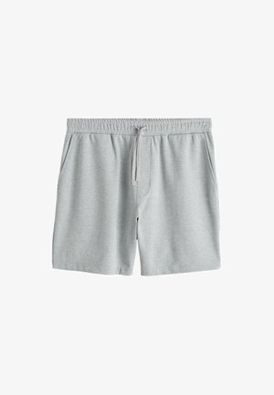 Világosszürke, laza rövidnadrág elasztikus derékpánttal, állítható zsinórkötéssel, oldalzsebekkel és finom cikkcakk mintázattal, fehér háttéren laposan elhelyezve.