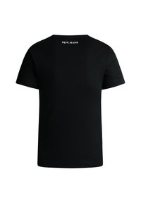 Schwarz kurzärmliges T-Shirt aus Rippstoff mit Rundhalsausschnitt. "PEPE JEANS"-Logo in Weiß auf der oberen Rückseite. Einfaches, minimalistisches Design.