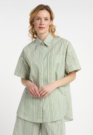 Jonge vrouw draagt een losse, kortärmelig blouse met knopen en bijpassende broek met groene verticale strepen op een witte achtergrond.